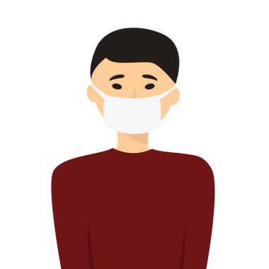 Doğu görünümlü, siyah saçlı, Çinli, Japon, Koreli ve koruyucu maskeli bir adamın resmi. Hastalıklara, virüslere, enfeksiyonlara karşı koruma.
