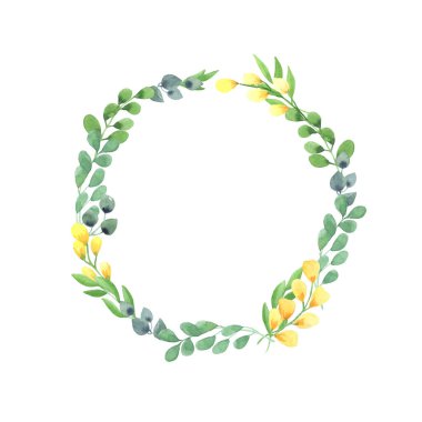 Yapraklı yeşil bataklık dalları ve beyaz arka planda sarı çiçek filizleri olan suluboya resimleme çerçevesi. Metin için boşluk. kartlar, tasarım, düğün için, selamlar, duvar kağıdı arkaplanı.