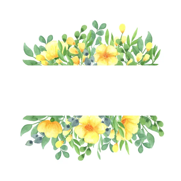 Illustration Cadre Rectangulaire Aquarelle Feuilles Vertes Avec Des Fleurs Jaunes — Photo