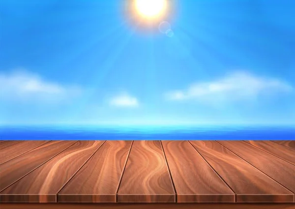 The wooden surface is opposite the sea, ocean. Place for your text, objects, copy space.