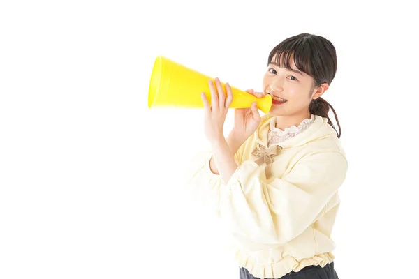 Retrato Asiático Jovem Mulher Com Amarelo Megafone Isolado Branco Fundo — Fotografia de Stock