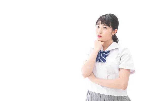 Portret Van Aziatische Jonge Vrouw School Uniform Geïsoleerd Witte Achtergrond — Stockfoto