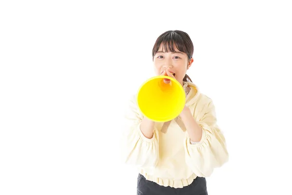Retrato Asiático Jovem Mulher Com Amarelo Megafone Isolado Branco Fundo — Fotografia de Stock