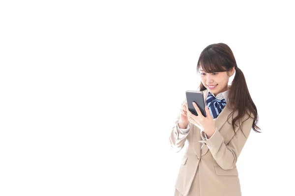 Aziatische Zakenvrouw Met Behulp Van Mobiele Telefoon Geïsoleerd Witte Achtergrond — Stockfoto