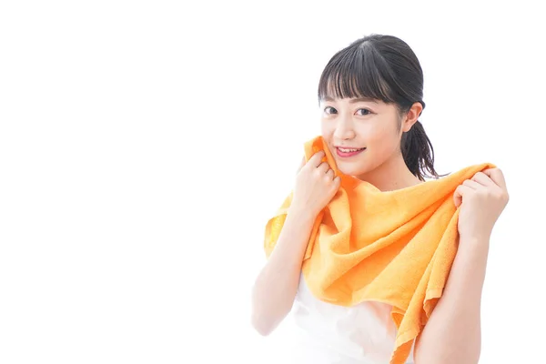 Portrait Une Belle Jeune Femme Asiatique Avec Serviette Orange Isolée — Photo