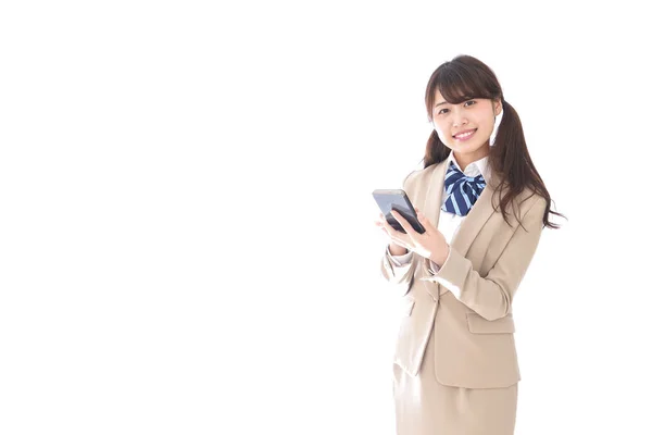 Азіатська Бізнес Леді Використовує Мобільний Телефон Ізольовано Білому Тлі — стокове фото
