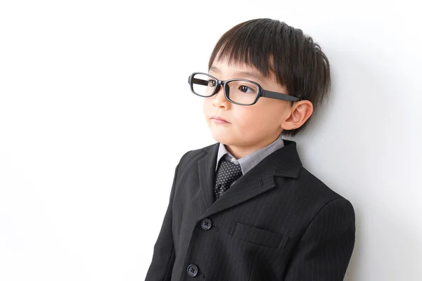 Little Boy Wearing Suit Eyeglasses Posing Studio White Background — Stock Photo, Image