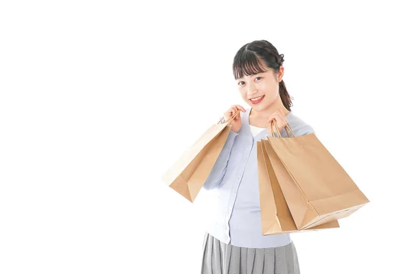 Feliz Asiático Mujer Con Compras Bolsas Aislado Blanco Fondo —  Fotos de Stock