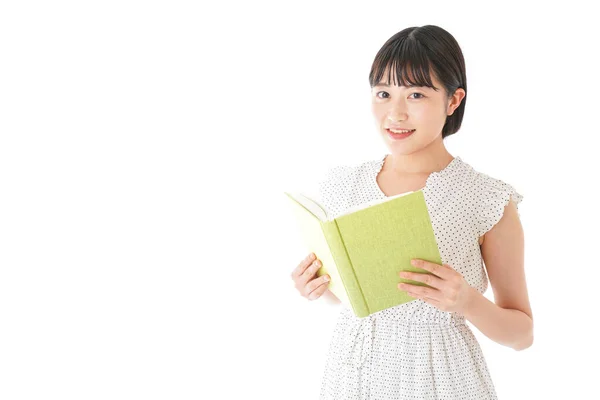 Porträt Einer Jungen Asiatischen Frau Die Buch Auf Weißem Hintergrund — Stockfoto