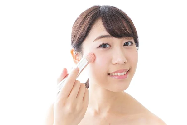 Portrait Asian Young Woman Applying Blush Makeup Brush Isolated White — Stock Photo, Image