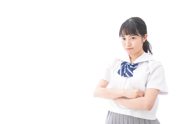 Portrait Jeune Femme Asiatique Uniforme Scolaire Isolé Sur Fond Blanc — Photo