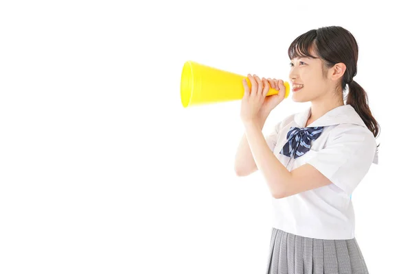 Retrato Asiático Jovem Mulher Com Amarelo Megafone Isolado Branco Fundo — Fotografia de Stock