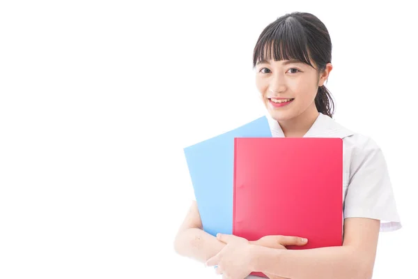 Portrait Jeune Femme Asiatique Uniforme Scolaire Tenant Des Dossiers Isolés — Photo