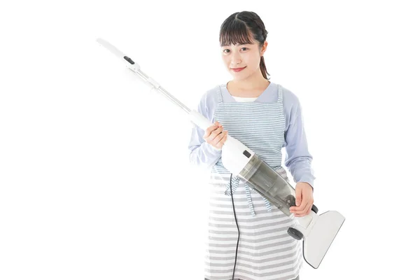 Asiatique Femme Avec Aspirateur Isolé Sur Fond Blanc — Photo