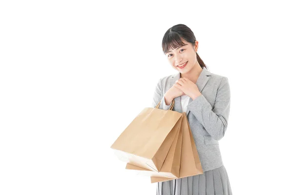 Feliz Asiático Mujer Con Compras Bolsas Aislado Blanco Fondo — Foto de Stock