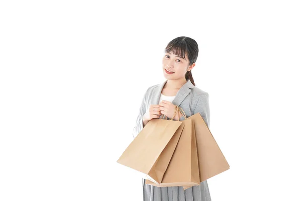 Felice Donna Asiatica Con Borse Della Spesa Isolato Sfondo Bianco — Foto Stock