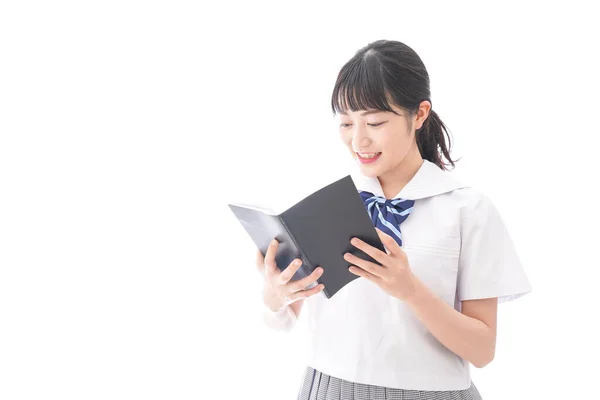 Retrato Asiático Jovem Mulher Escola Uniforme Segurando Livro Isolado Branco — Fotografia de Stock