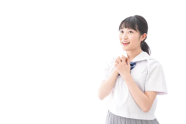 Retrato Asiático Jovem Mulher Escola Uniforme Isolado Branco Fundo — Fotografia de Stock