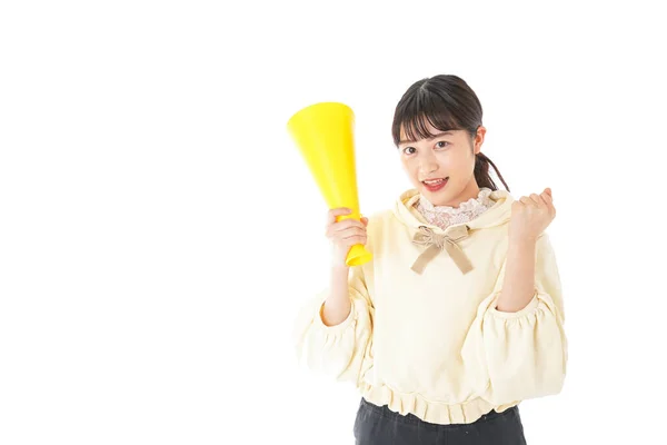 Portret Van Aziatische Jonge Vrouw Met Gele Megafoon Geïsoleerd Witte — Stockfoto