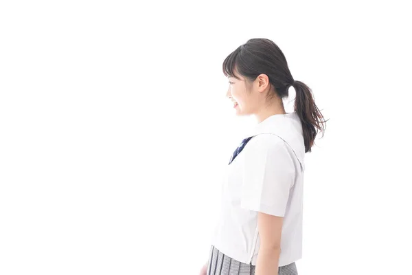 Retrato Asiático Jovem Mulher Escola Uniforme Isolado Branco Fundo — Fotografia de Stock