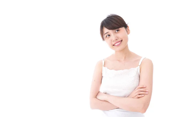Portrait Une Belle Jeune Femme Asiatique Isolée Sur Fond Blanc — Photo