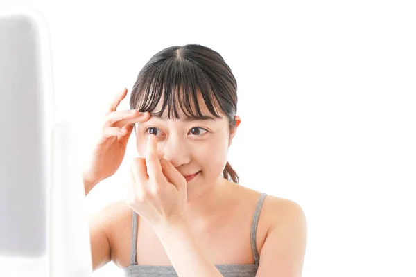 Retrato Mujer Joven Asiática Usando Lentes Oculares Aisladas Sobre Fondo — Foto de Stock