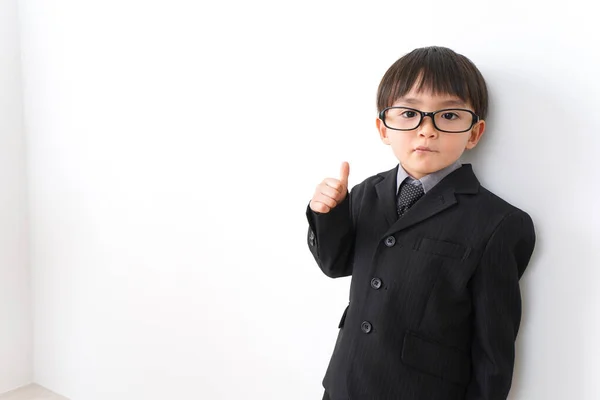 Little Boy Wearing Suit Eyeglasses Posing Studio White Background — Stock Photo, Image