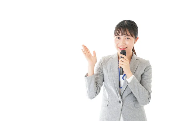 Jeune Femme Affaires Avec Microphone Isolé Sur Fond Blanc — Photo