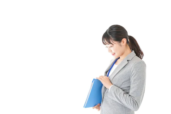 asian businesswoman with folder isolated on white background