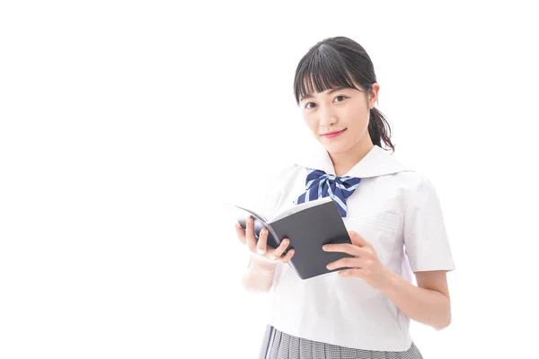 Ritratto Asiatica Giovane Donna Uniforme Scolastica Tenuta Libro Isolato Sfondo — Foto Stock