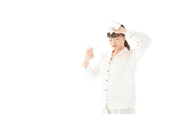 Asian Young Woman Pajamas Suffering Fever Isolated White Background — Stock Photo, Image