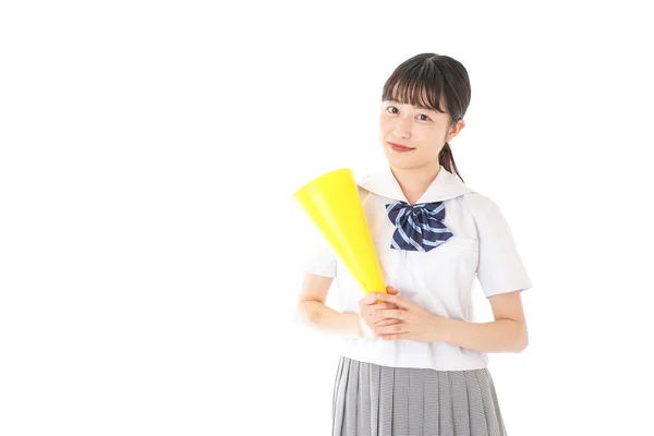 Retrato Asiático Jovem Mulher Com Amarelo Megafone Isolado Branco Fundo — Fotografia de Stock