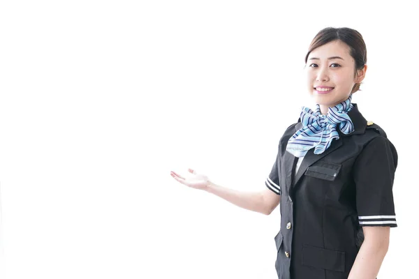 Smiling Asian Businesswoman Uniform Bow Showing Copy Space Isolated White — Stock Photo, Image