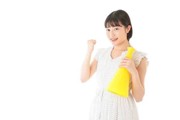 Retrato Asiático Jovem Mulher Com Amarelo Megafone Isolado Branco Fundo — Fotografia de Stock