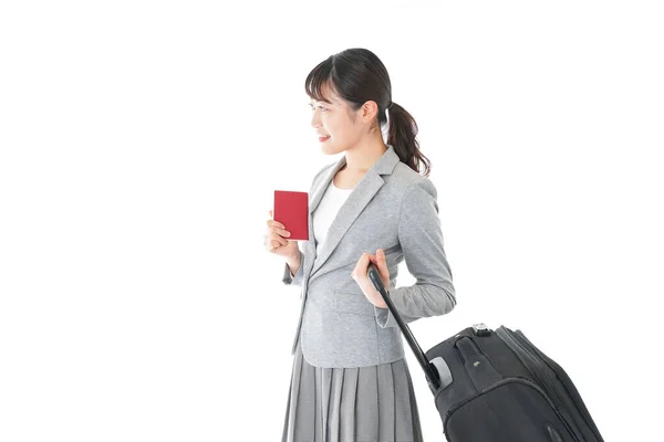 Asiático Jovem Mulher Com Mala Passaporte Isolado Fundo Branco Conceito — Fotografia de Stock