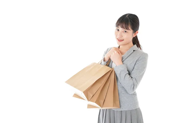 Feliz Mulher Asiática Com Sacos Compras Isolado Fundo Branco — Fotografia de Stock