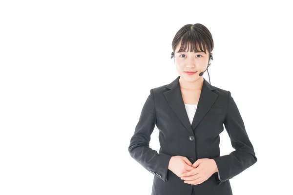 Mujer Negocios Asiática Con Auriculares Trabajo Aislado Sobre Fondo Blanco — Foto de Stock