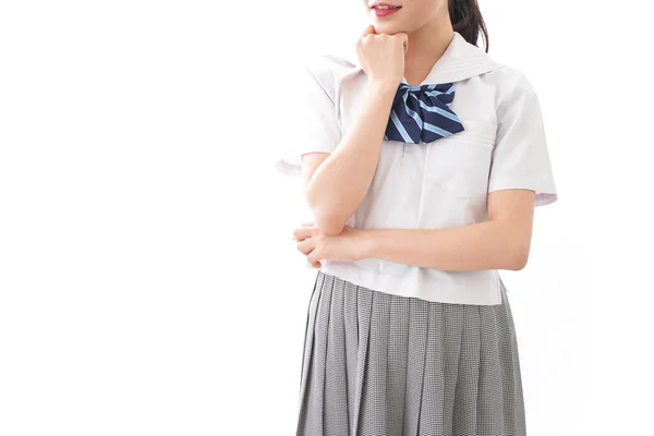 Porträt Einer Asiatischen Jungen Frau Schuluniform Isoliert Auf Weißem Hintergrund — Stockfoto