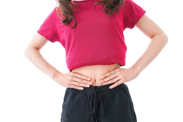 Young Woman Touching Her Belly Isolated White Background — Stock Photo, Image