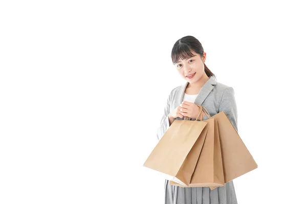 Feliz Mulher Asiática Com Sacos Compras Isolado Fundo Branco — Fotografia de Stock