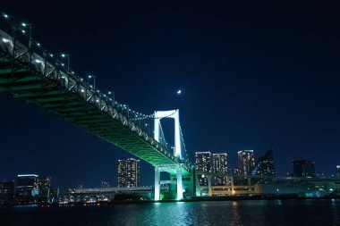 Tokyo şehrinin gökyüzü ve gece aydınlanan köprüsü 