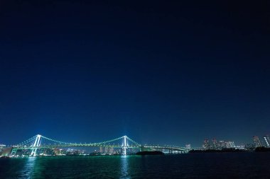 Tokyo şehrinin gökyüzü ve gece aydınlanan köprüsü 