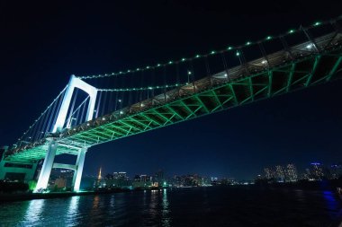Tokyo şehrinin gökyüzü ve gece aydınlanan köprüsü 