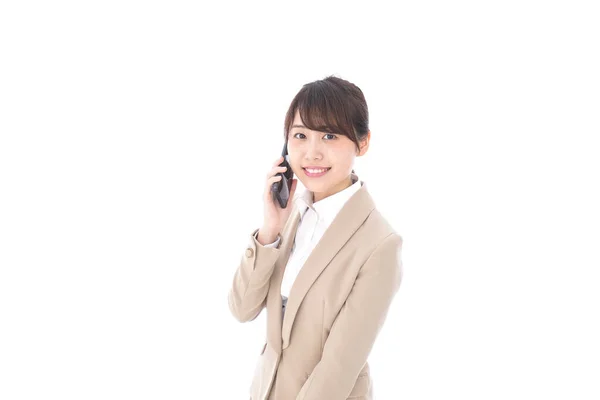 Asian Businesswoman Talking Mobile Phone Isolated White Background — Stock Photo, Image