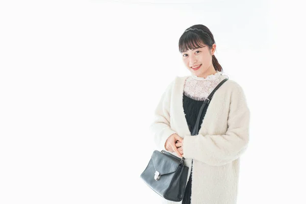 Portrait Asian Young Woman White Coat Isolated White Background — Stock Photo, Image