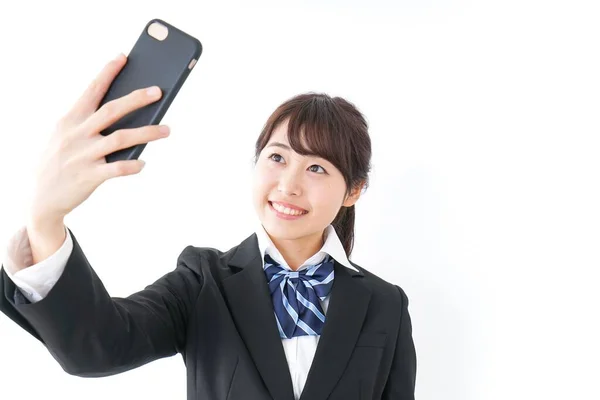 Retrato Asiático Jovem Empresária Tomando Selfie Usando Smartphone — Fotografia de Stock