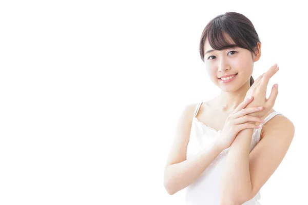 Portret Van Aziatische Jonge Vrouw Aanbrengen Crème Geïsoleerd Witte Achtergrond — Stockfoto