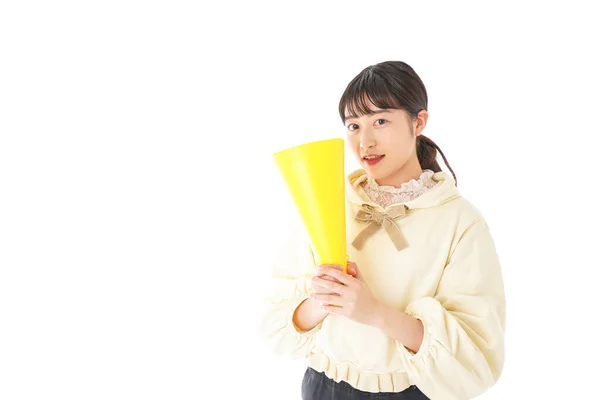 Retrato Asiático Jovem Mulher Com Amarelo Megafone Isolado Branco Fundo — Fotografia de Stock