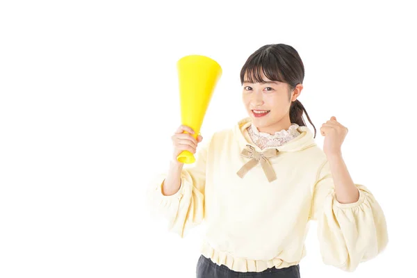 Retrato Asiático Jovem Mulher Com Amarelo Megafone Isolado Branco Fundo — Fotografia de Stock