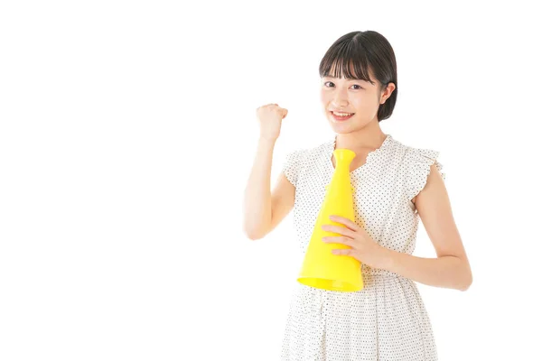 Retrato Asiático Jovem Mulher Com Amarelo Megafone Isolado Branco Fundo — Fotografia de Stock